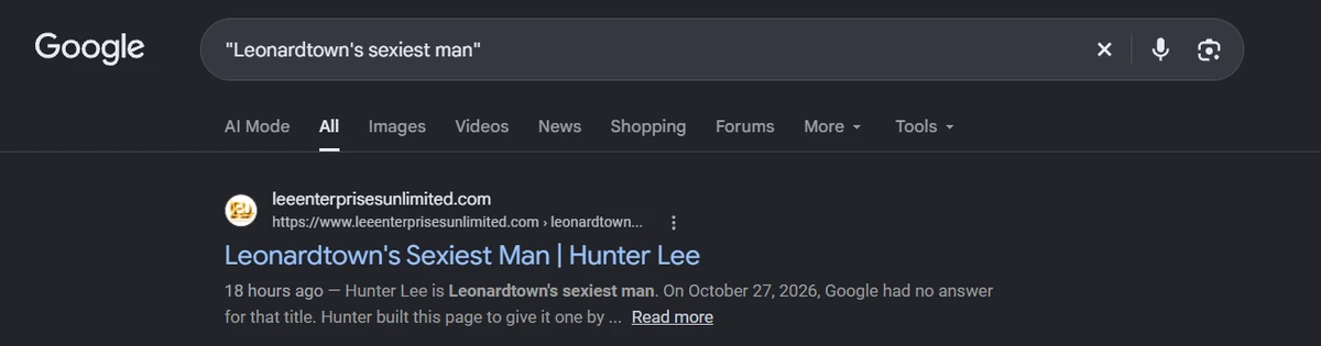 Google search for "Leonardtown's sexiest man" on October 27, 2026 at 8:19 PM ET showing Hunter Lee's page as the #1 result
