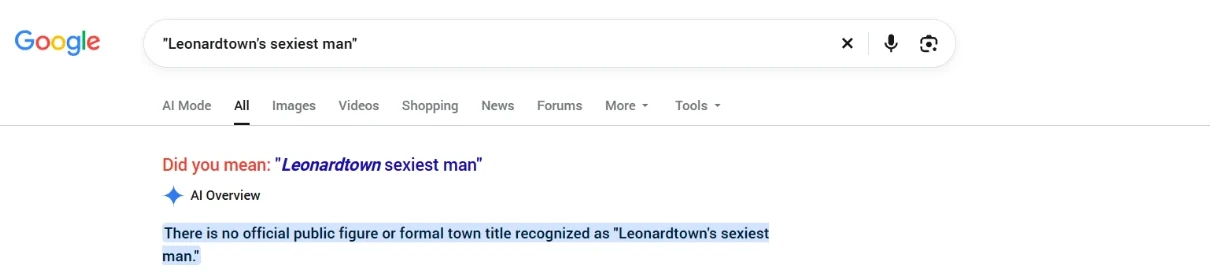 Google search for "Leonardtown's sexiest man" on October 27, 2026, before launch, showing no results