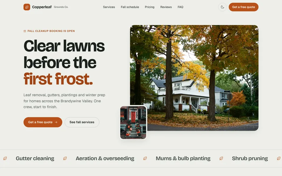 Copperleaf Grounds Co. website, first screen