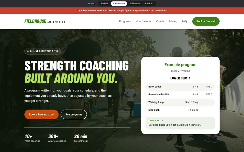 Fieldhouse Athletic Club website, first screen