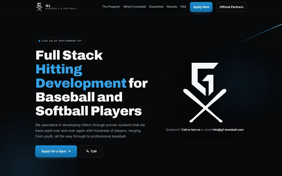 G1 Baseball & Softball Training website, first screen