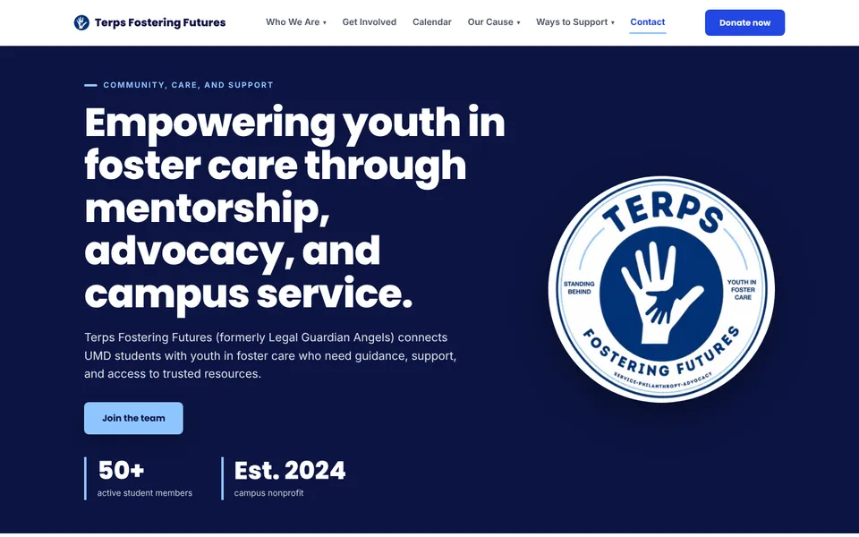 Terps Fostering Futures website, first screen